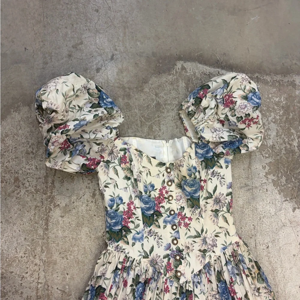 Vintage 1980s algo Floral Puff Sleeve Dress corset basque waist cottagecore maxi - Picture 2 of 8